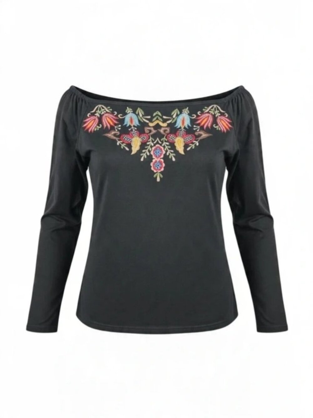 Boston Proper Black Embroidered Floral Off Shoulder Boho Top Size L
